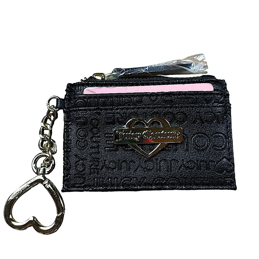 JUICY COUTURE: NWT Black Leather Logo Wallet Card Holder Keychain with Gold Logo
